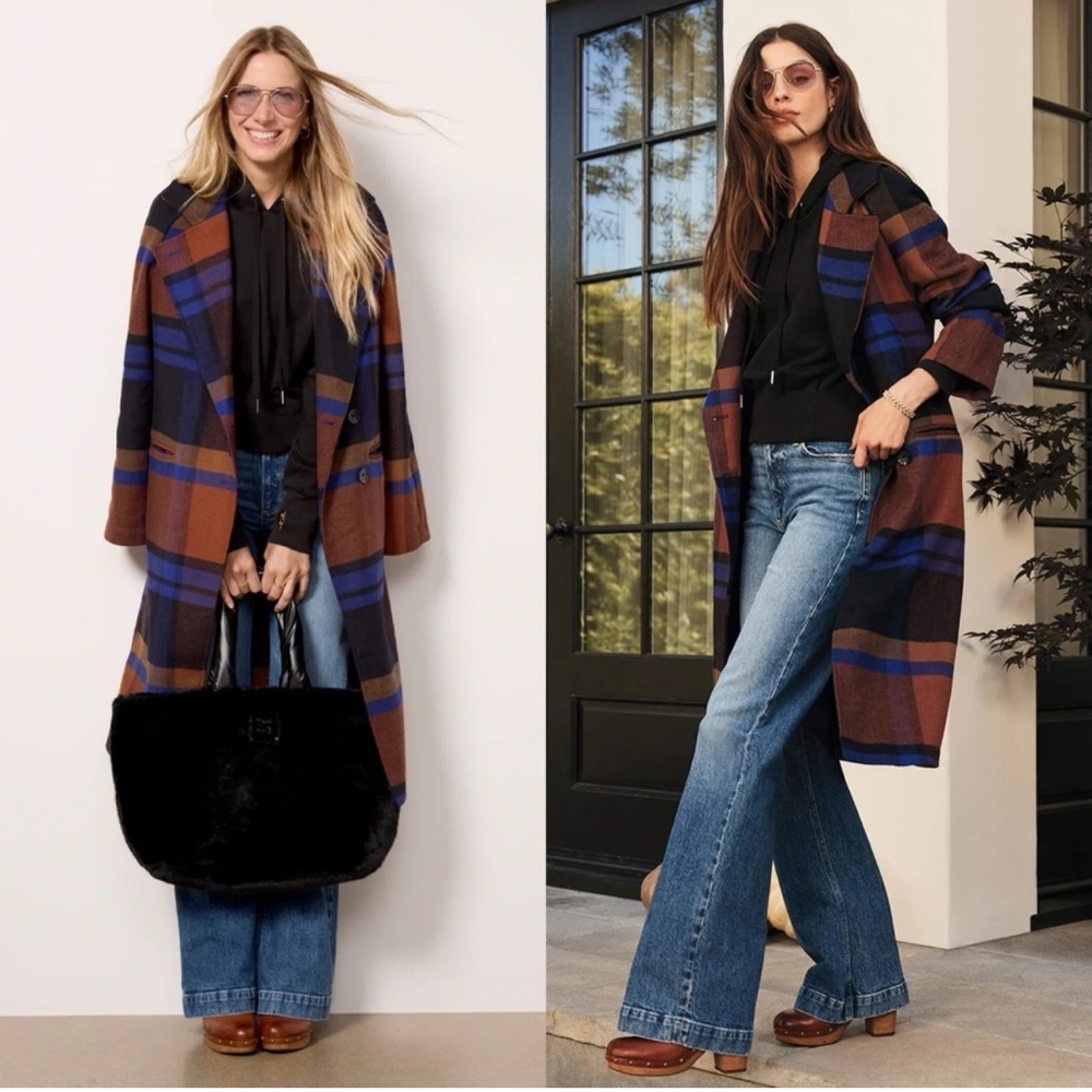Anthropologie Brown, Blue & Black Plaid Wool-Blend Double-Breasted Pea Coat - Picture 2 of 10